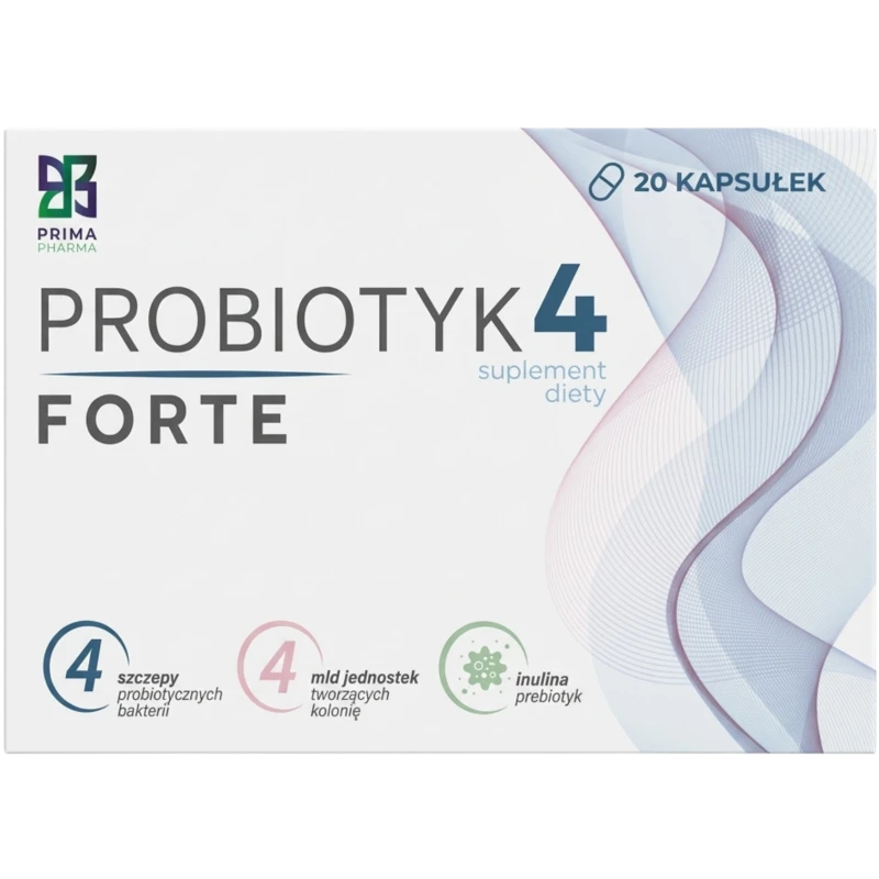 Prima Pharma Probiotyk 4 Forte, 20 kapsułek - Bakterie probiotyczne z inuliną wspomagające mikroflorę jelitową