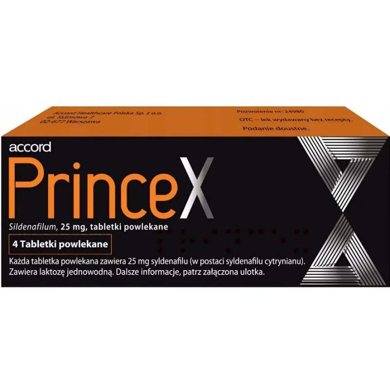 Princex 25 mg, 4 tabletki powlekane - W leczeniu zaburzeń wzwodu u dorosłych mężczyzn