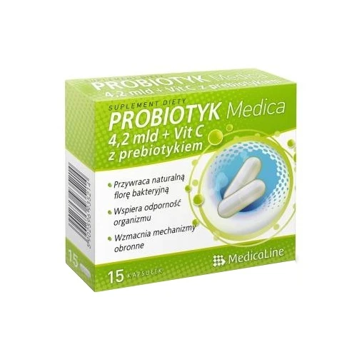 Probiotyk Medica 4,2 mld + VitC z prebiotykiem, 15 kapsułek - Trzy szczepy bakterii probiotycznych z prebiotykiem i witaminą C