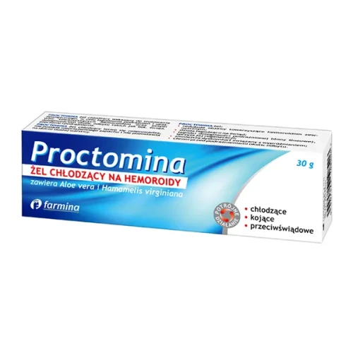 Proctomina Żel chłodzący na hemoroidy, 30 g - Dwa wyciągi roślinne: z aloesu prawdziwego i oczaru wirginijskiego