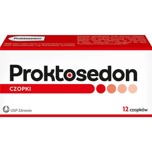 Proktosedon czopki doodbytnicze, 12 sztuk - Leczenie hemoroidów zewnętrznych i wewnętrznych, przewlekłych i ostrych stanach zapalnych odbytu
