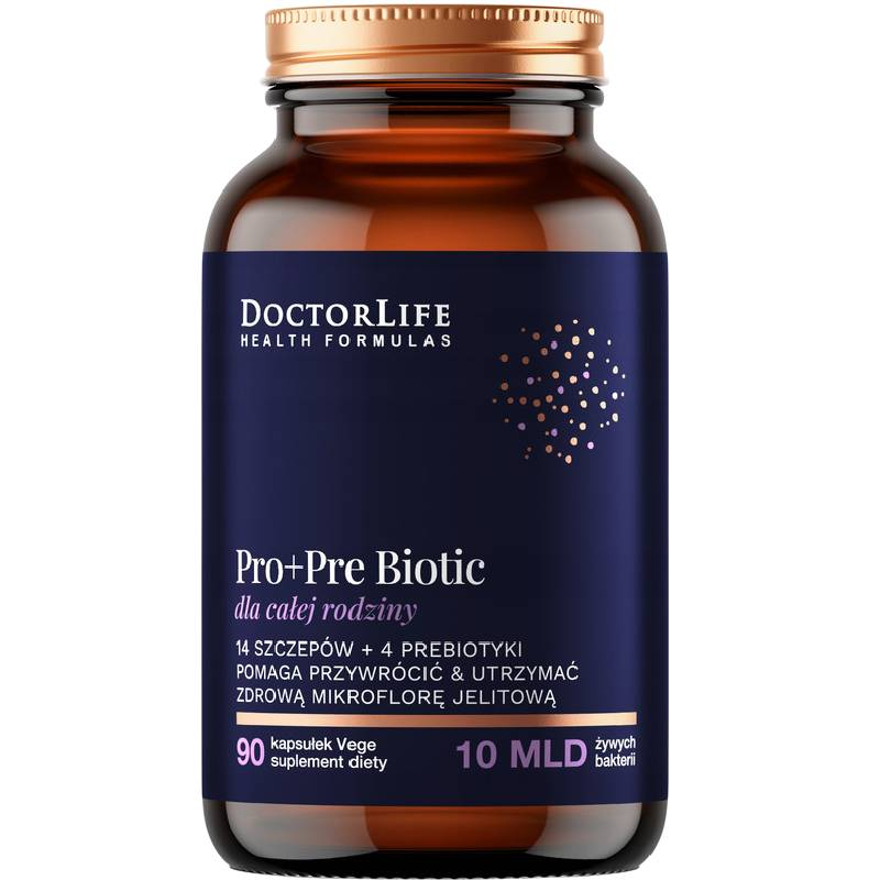 Doctor Life Pro+Pre Biotic dla całej rodziny, 90 kapsułek - 14 szczepów bakterii probiotycznych i 4 prebiotyki wspierające mikrobiotę jelitową