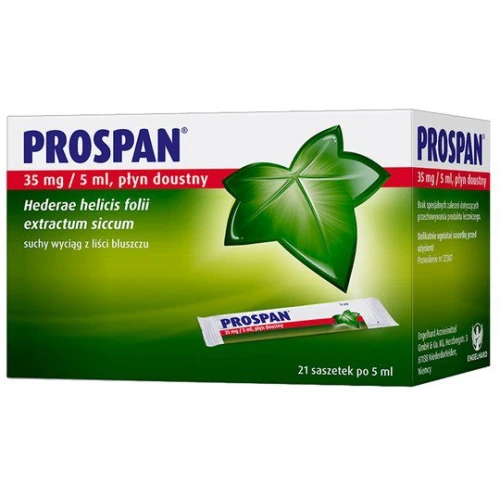 Prospan płyn doustny, 21 saszetek - Doustny płyn wykrztuśny z suchym wyciągiem z liści bluszczu