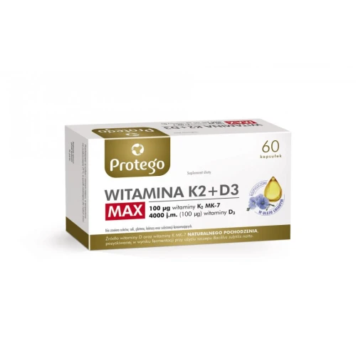 Protego Witamina K2+D3 MAX, 60 kapsułek - Witaminy pochodzenia naturalnego rozpuszczone w oleju lnianym