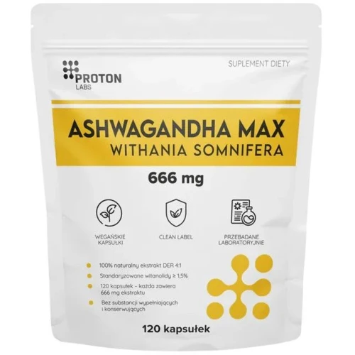 Proton Labs Ashwagandha Max 666 mg, 120 kapsułek - Wysoko skoncentrowany ekstrakt z korzenia, standaryzowany na 1,5% witanolidów
