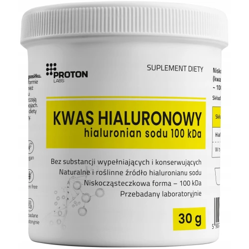 Proton Labs Kwas hialuronowy, proszek 30 g - Hialuronian sodu 100 kDa, czysty skład bez konserwantów i wypełniaczy