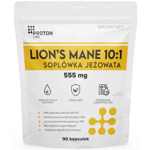 Proton Labs Lion's Mane, Soplówka jeżowata, 90 kapsułek - Standaryzowany ekstrakt – 50% polisacharydów i 30% beta-glukanów