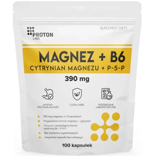Proton Labs Cytrynian Magnezu + B6, 100 kapsułek - Wysoko przyswajalny magnez i aktywna forma witaminy B6 P-5-P