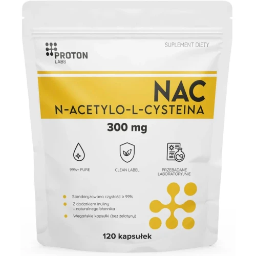 Proton Labs NAC, N-acetylo– L-cysteina, 300 mg, 120 kapsułek - Forma aminokwasu L-cysteiny niezbędna do produkcji glutationu
