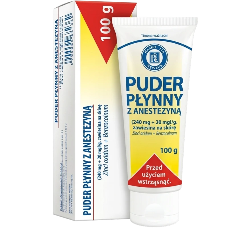 Puder płynny z anestezyną (240mg+20mg)/g zawiesina na skórę, 100 g - Środek ściągający, wysuszający i przeciwświądowy