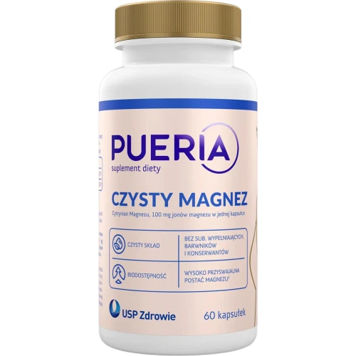 Pueria Czysty Magnez 100 mg, 60 kapsułek - Cytrynian magnezu bez zbędnych dodatków, wspiera mięśnie i układ nerwowy