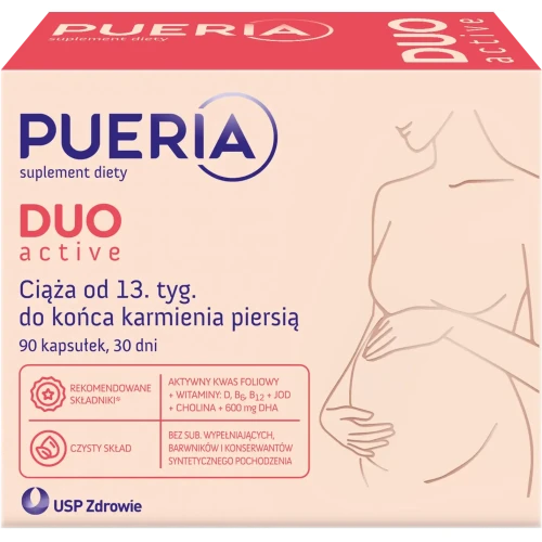 Pueria Duo Active, 90 kapsułek - Z aktywną formą kwasu foliowego dla kobiet w ciąży od 13. tygodnia do końca karmienia piersią