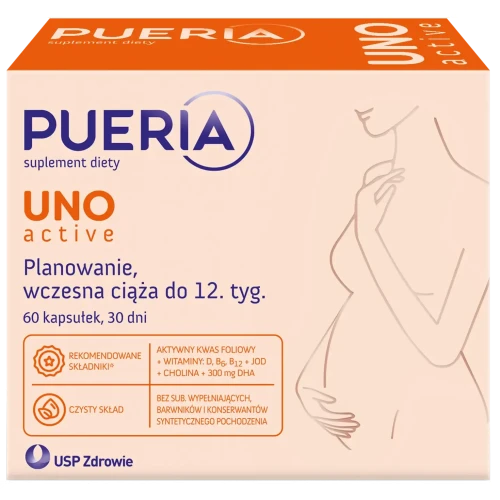 Pueria Uno Active, 60 kapsułek - Z aktywną formą kwasu foliowego i choliną dla kobiet  do 12. miesiąca ciąży