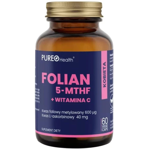 Pureo Health Kwas foliowy 5-MTHF + Witamina C, 60 kapsułek - Dla prawidłowych funkcji organizmu