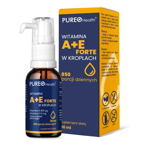 Pureo Health Witamina A + E Forte w kroplach, 30 ml - Kompleks witamin A i E rozpuszczonych w oliwie z oliwek extra virgin 
