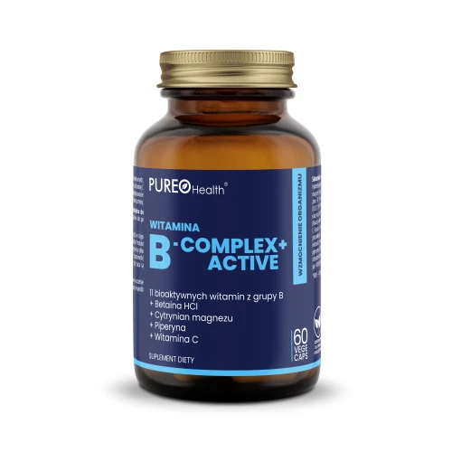 Pureo Health Witamina B-Complex+ Active, 60 kapsułek - Kompleks witamin z grupy B + cytrynian magnezu i witamina C