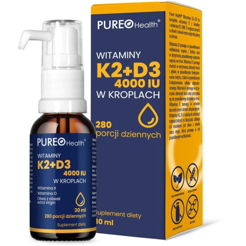 Pureo Health Witaminy K2+D3 w kroplach, 30 ml - Suplement diety z witaminami K, D i E
