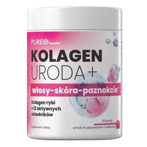 Pureo Health Kolagen Uroda+ Włosy-Skóra-Paznokcie, smak truskawka i malina, 30 porcji - Kolagen rybi z witaminami, minerałami i ekstraktem ze skrzypu polnego