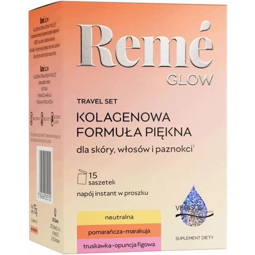 Remé Glow Travel Set, 15 saszetek - Z bioaktywnymi peptydami kolagenowymi VERISOL®, witaminami i minerałami