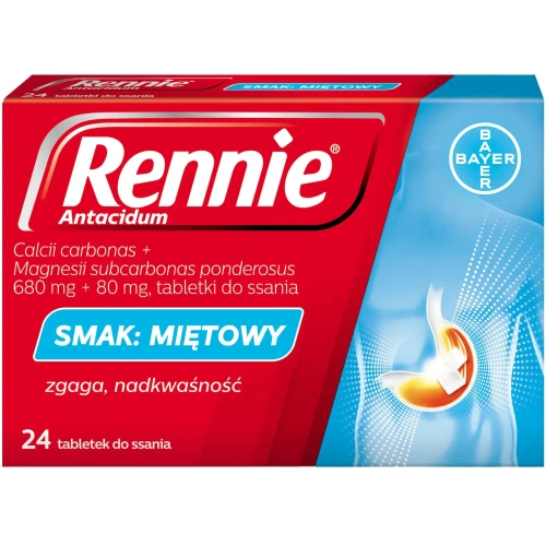 Rennie Antacidum, 24 tabletki do ssania - zbojętniają nadmiar kwasu solnego w żołądku