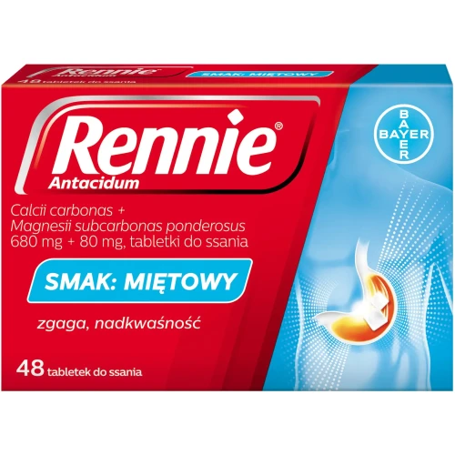 Rennie Antacidum, 48 tabletek do ssania - Zobojętniają nadmiar kwasu solnego w żołądku