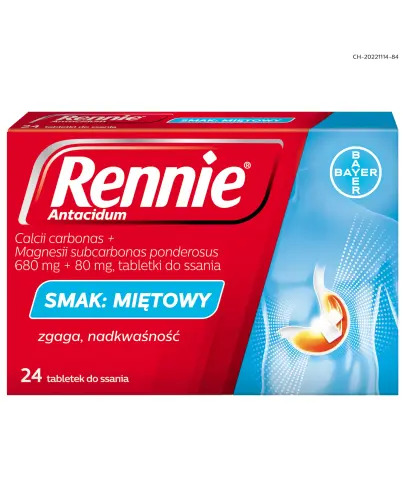 Rennie Antacidum, 24 tabletki do ssania - Tabletki do ssania zobojętniające nadmiar kwasu solnego w żołądku
