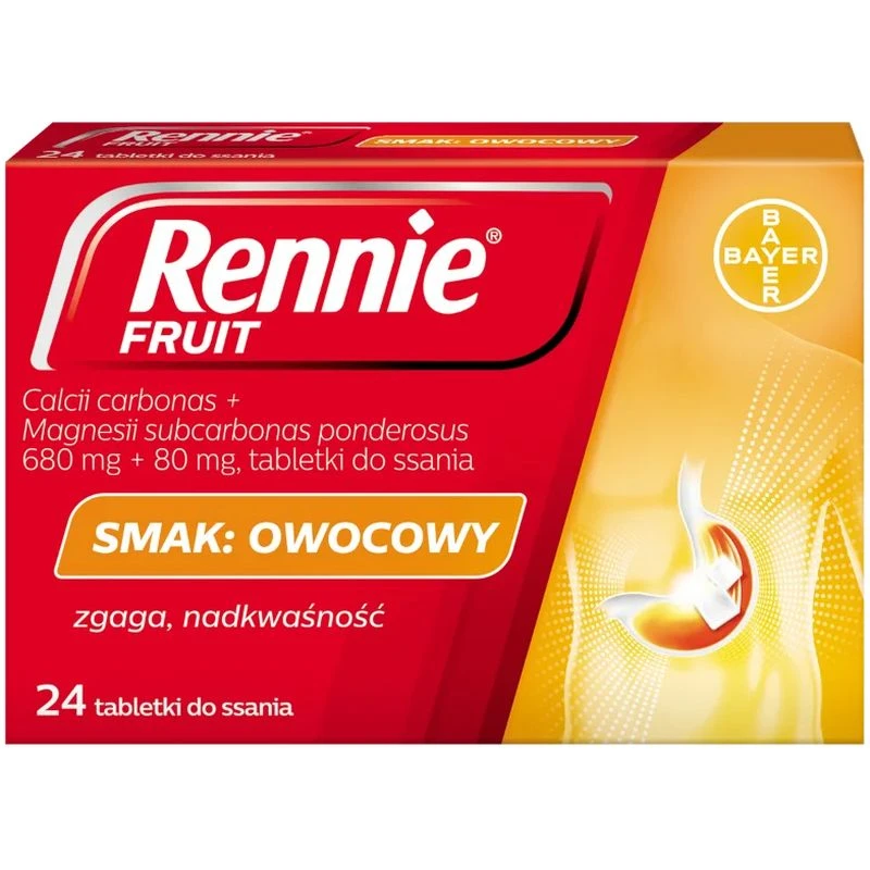 Rennie Fruit tabletki do ssana, 24 sztuki - Tabletki do ssania zobojętniające nadmiar kwasu solnego w żołądku