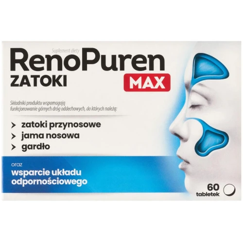 RenoPuren Zatoki Max, 60 tabletek - Z wyciągami roślinnymi, które wspomagają górne drogi oddechowe