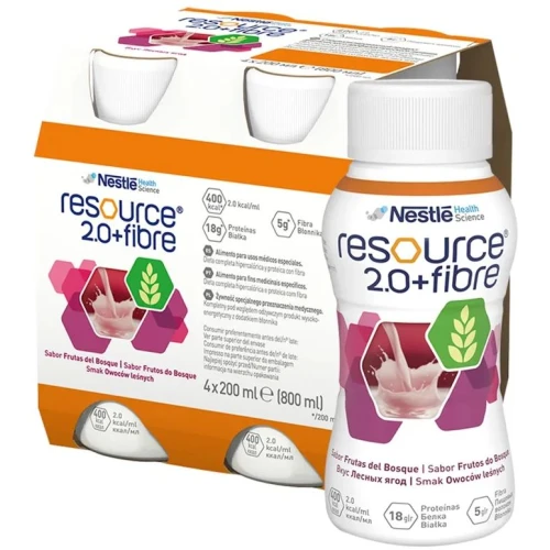 Resource 2.0 + Fibre płyn o smaku owoców leśnych, 4 x 200 ml - Wysokoenergetyczna dieta z błonnikiem