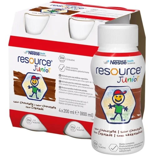 Resource Junior płyn o smaku czekoladowym, 4 x 200 ml - Kompletna i wysokoenergetyczna dieta w płynie dla dzieci powyżej 1. roku życia