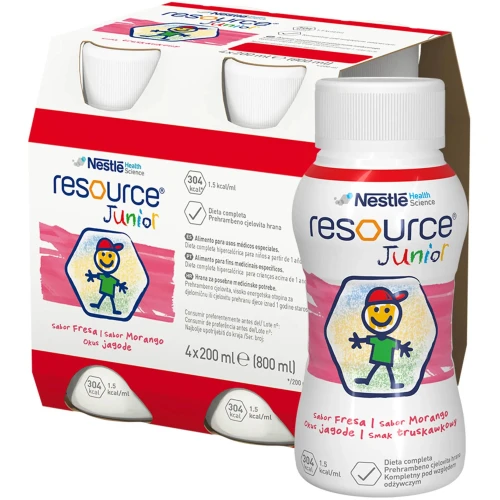 Resource Junior płyn o smaku truskawkowym, 4 x 200 ml - Kompletna i wysokoenergetyczna dieta w płynie dla dzieci powyżej 1. roku życia