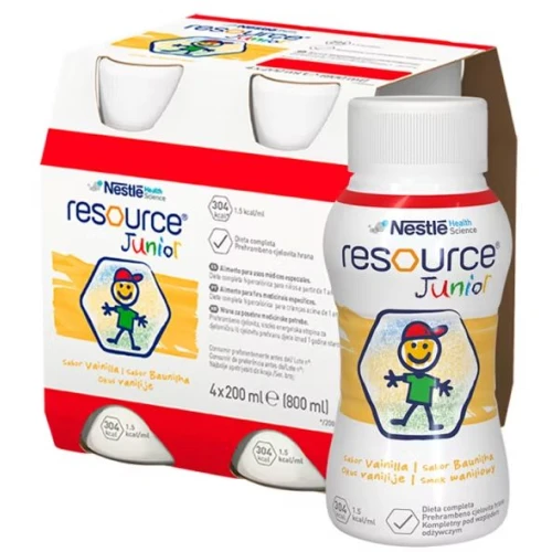Resource Junior płyn smaku waniliowym, 4 x 200 ml - Kompletna i wysokoenergetyczna dieta w płynie dla dzieci powyżej 1. roku życia
