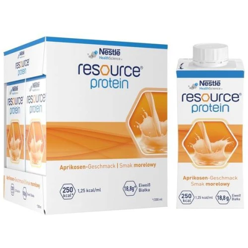 Resource Protein płyn o smaku morelowym, 4 x 200 ml - Wysokobiałkowy preparat odżywczy – wsparcie w chorobie i rekonwalescencji