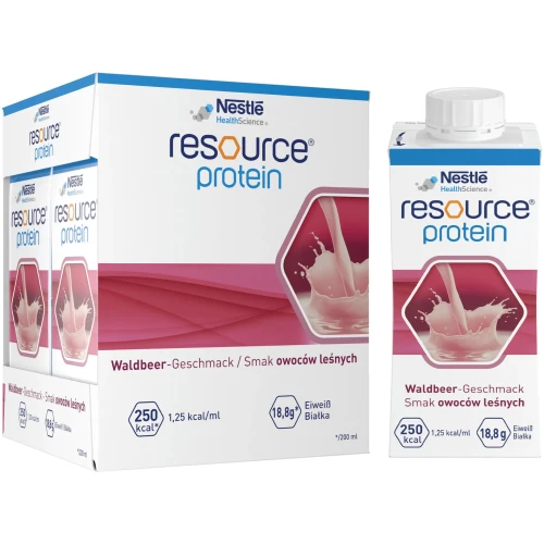 Resource Protein płyn o smaku owoców leśnych, 4 x 200 ml - Wysokobiałkowy preparat odżywczy – wsparcie w chorobie i rekonwalescencji