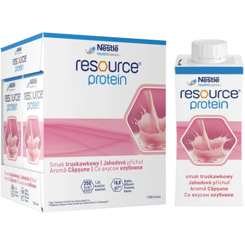 Resource Protein płyn o smaku truskawkowym, 4 x 200 ml - Wysokobiałkowy preparat odżywczy – wsparcie w chorobie i rekonwalescencji