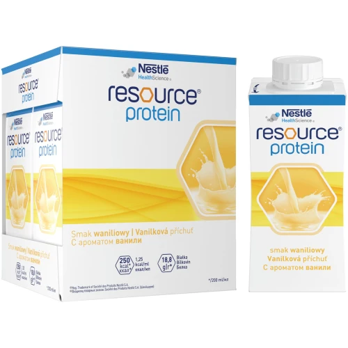 Resource Protein płyn o smaku waniliowym, 4 x 200 ml - Wysokobiałkowy preparat odżywczy – wsparcie w chorobie i rekonwalescencji