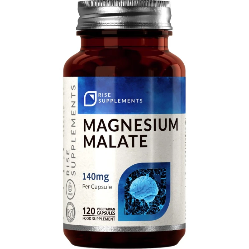 Rise Supplements Jabłczan Magnezu (Magnesium Malate) 140 mg, 120 kapsułek - Połączenie magnezu z kwasem jabłkowym