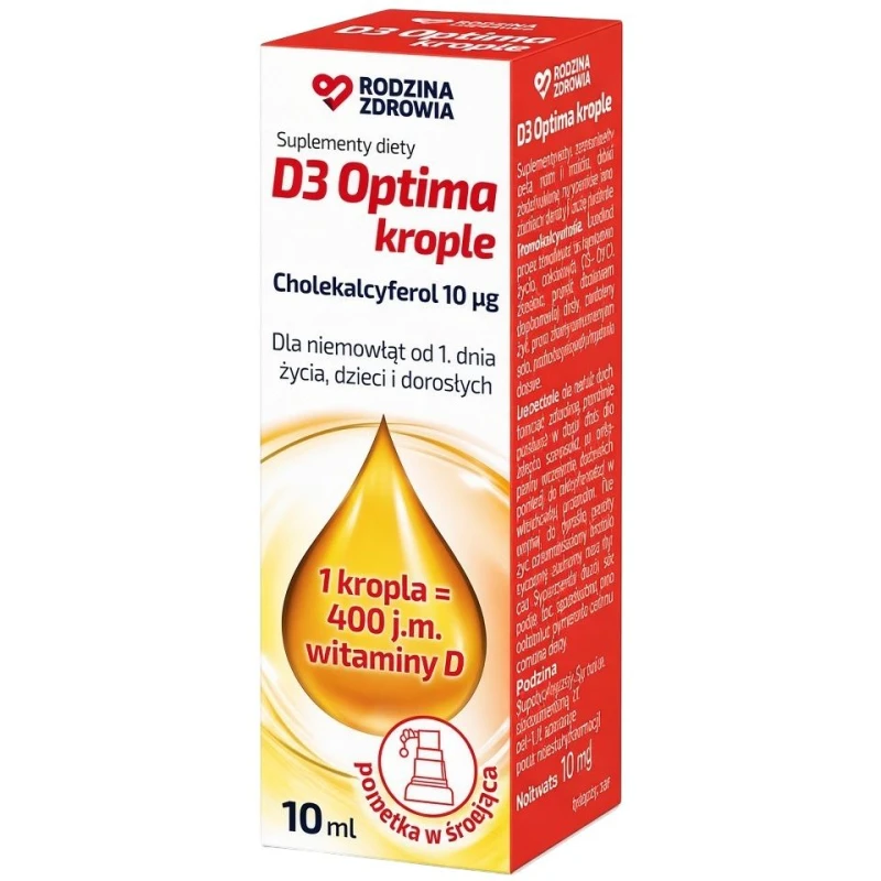 Rodzina Zdrowia D3 Optima Krople, 10 ml - Dla niemowląt od 1. dnia życia, dzieci i dorosłych