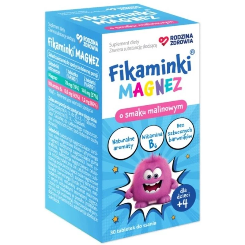 Rodzina Zdrowia Fikaminki Magnez dla dzieci o smaku malinowym 4+, 30 tabletek do ssania - Na niedobory magnezu u dzieci powyżej 4. roku życia