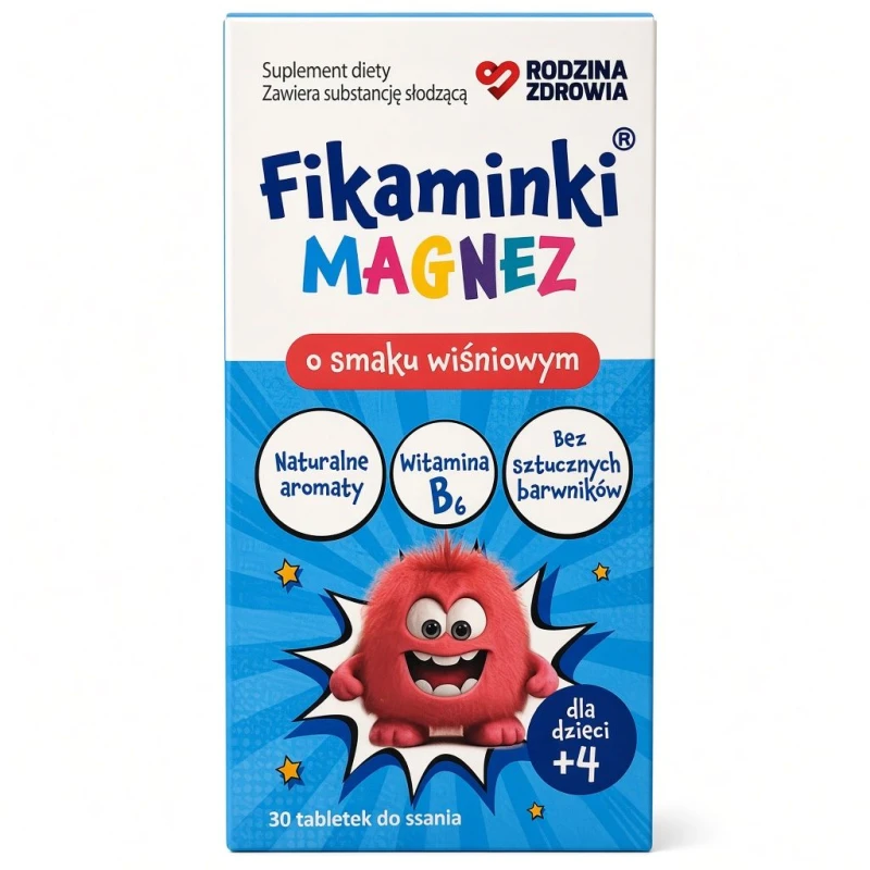 Rodzina Zdrowia Fikaminki Magnez dla dzieci o smaku wiśniowym 4+, 30 tabletek do ssania - Na niedobory magnezu u dzieci powyżej 4. roku życia