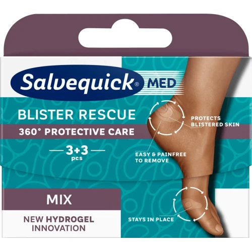 Salvequick Med Blister Resuce Mix, na pięty i palce stóp, 6 plastrów - Plastry hydrożelowe przylegają do ciała i niwelują bolesny nacisk podczas chodzenia