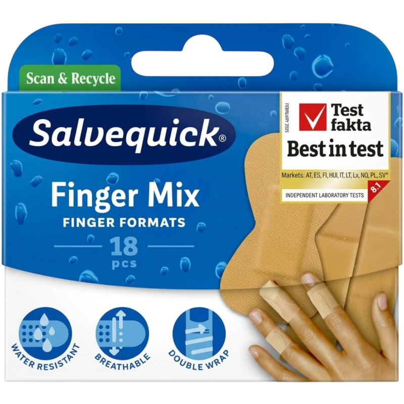 Salvequick Finger Mix, zestaw, 18 sztuk - Plastry odporne na wodę i brud, do opatrywania drobnych ran i powierzchownych skaleczeń