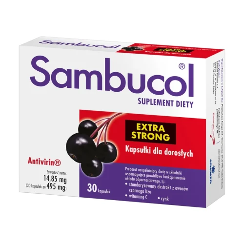 Sambucol Extra Strong, 30 kapsułek - Suplement diety z czarnym bzem, witaminą C i cynkiem