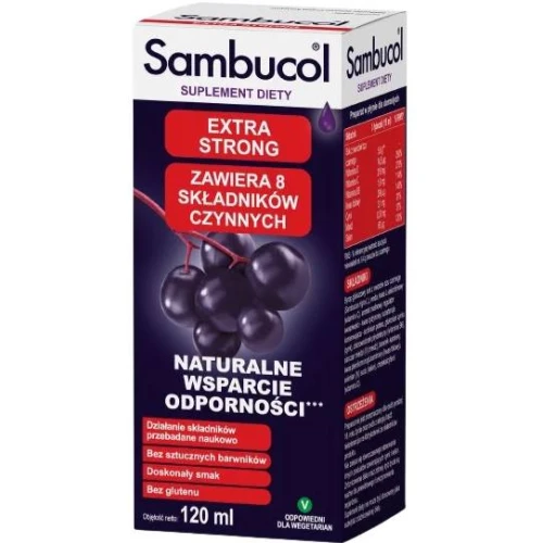 Sambucol Extra Strong, płyn, 120 ml -  Syrop z ekstraktem z owoców czarnego bzu, witaminą C i cynkiem