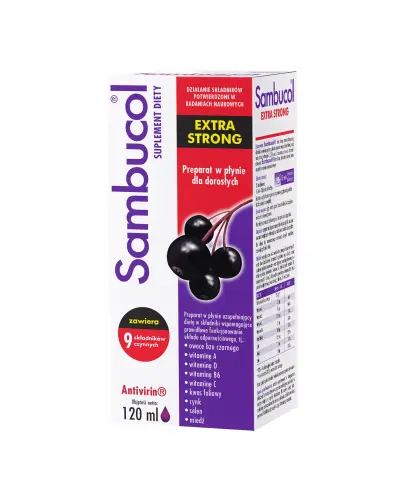 Sambucol Extra Strong, płyn, 120 ml -  Syrop z ekstraktem z owoców czarnego bzu, witaminą C i cynkiem