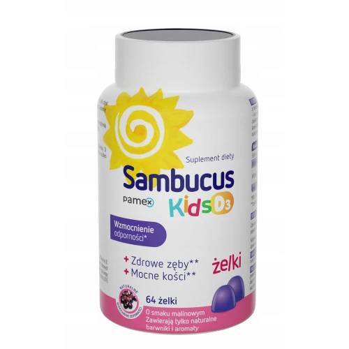 Sambucus Kids D3 Żelki, 64 sztuki - Składniki wspierające odporność i zdrowe kości dzieci