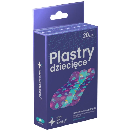 samsiezbadaj.pl Plastry dziecięce, 20 sztuk  - Kolorowe opatrunki na drobne skaleczenia 
