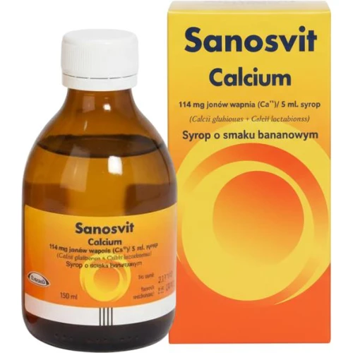 Sanosvit Calcium, syrop o smaku bananowym, 150ml - Uzupełnia niedobory wapnia u dzieci od 1 roku życia