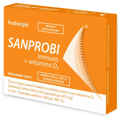 Sanprobi Immuno + Witamina D3, 20 kapsułek - Probiotyk z witaminą D dla odporności