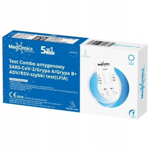 Medomics Test Comno Antygenowy 5 w 1, SARS-CoV-2/Grypa A/Grypa B+/ADV/RSV, 1 sztuka - Szybki test do samokontroli, wymaz z nosa